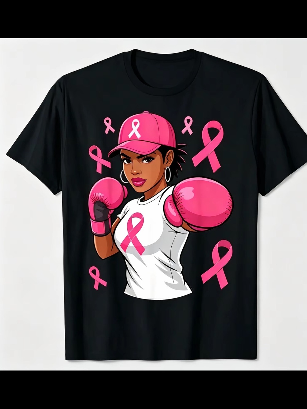 Women’s Black Short-Sleeve Tee with Pink Breast Cancer Awareness Graphic